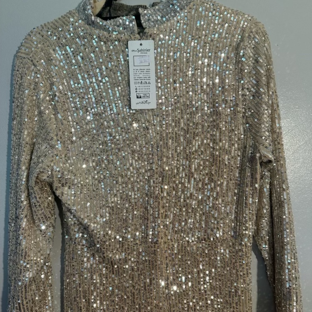 Silver Sequin Long Sleeve Dress